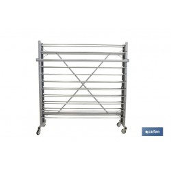 EXPOSITOR DE HULES Y MANTELES HORIZONTAL CON CORTADOR Y RUEDAS PARA 22 ROLLOS