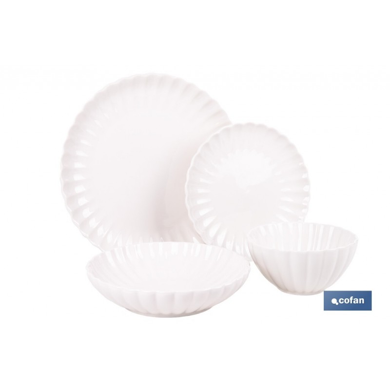 VAJILLA DE PORCELANA EN RELIEVE COLOR BLANCO ESMALTADO 16 PIEZAS